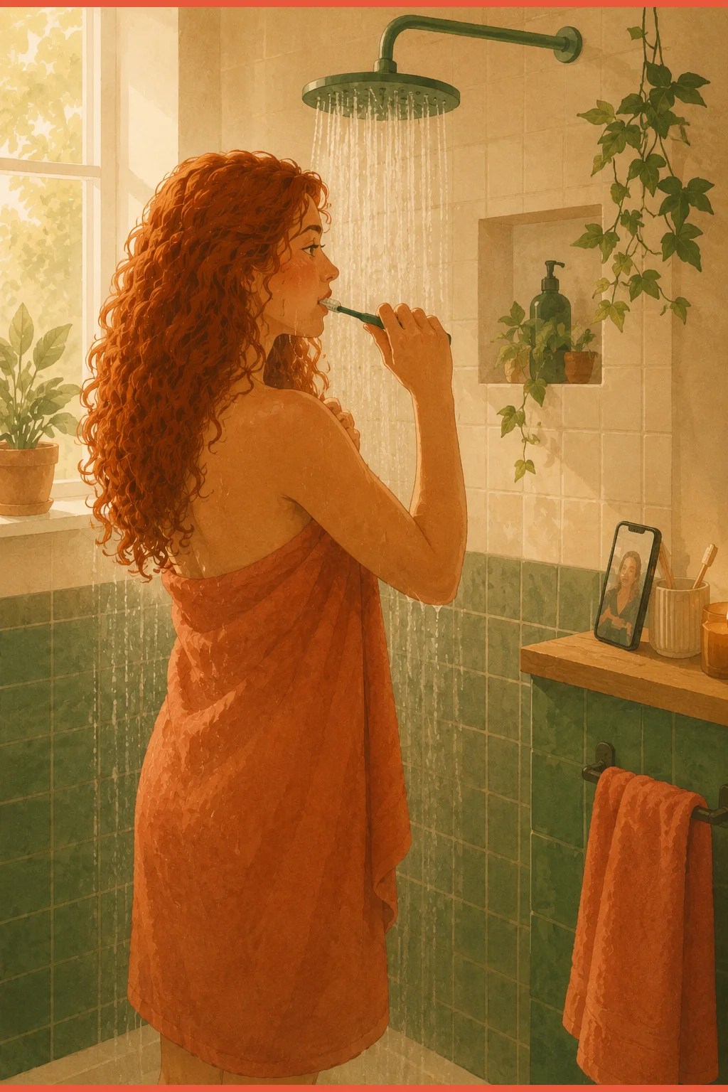 Woman brushing her teeth in the shower while a friend keeps her company on a propped phone, a small doable ADHD self-care win