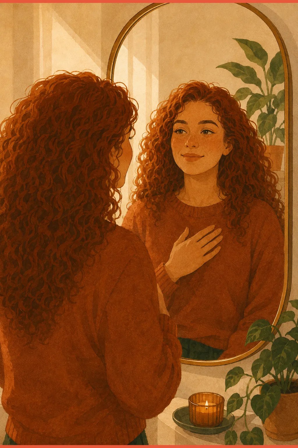 Woman looking at herself with self-compassion in a softly lit mirror, a reminder that ADHD self-care struggles are not laziness