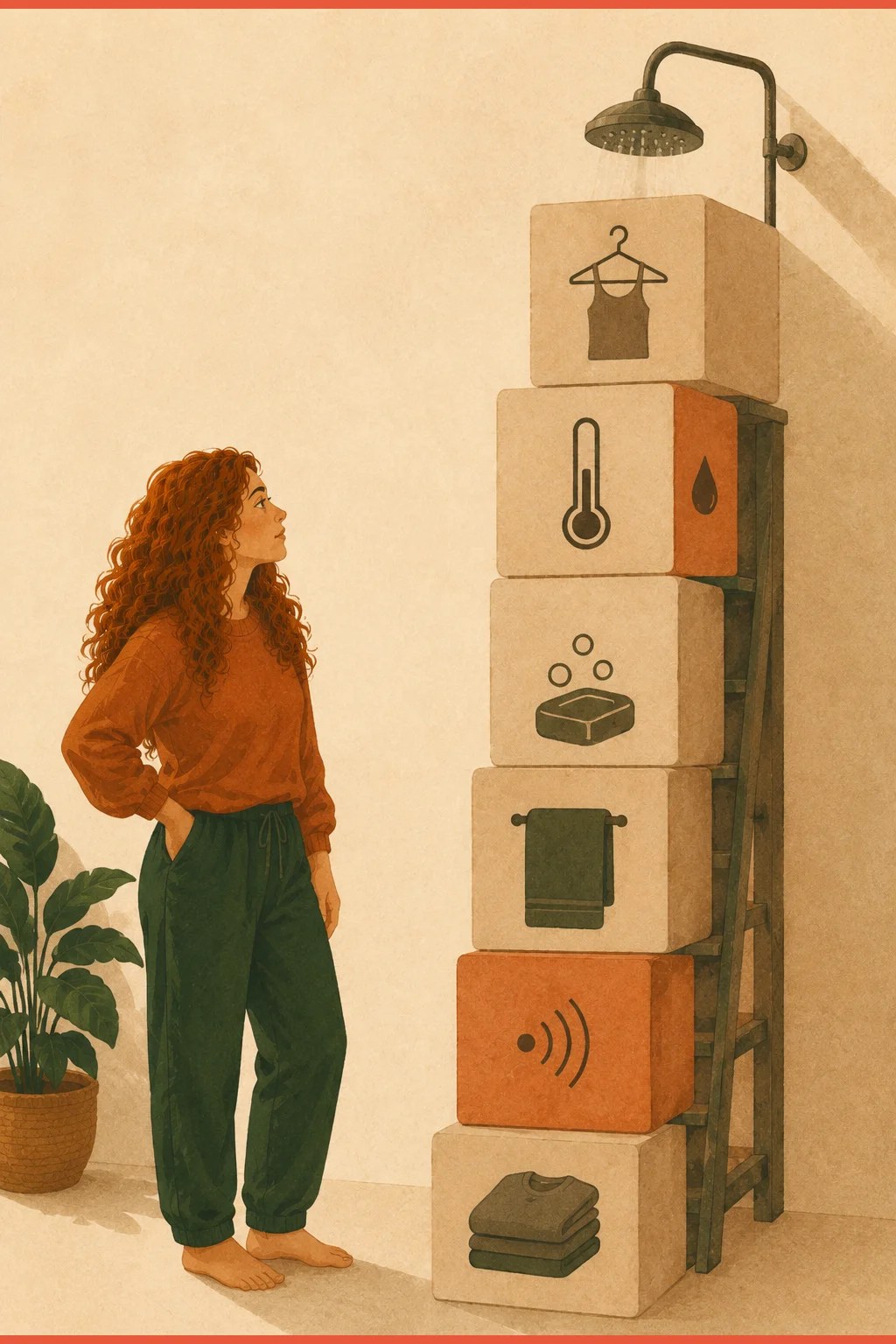 Illustration of a shower shown as a stack of small steps — undress, water, wash, dry, dress — showing why self-care is heavier than it looks with ADHD