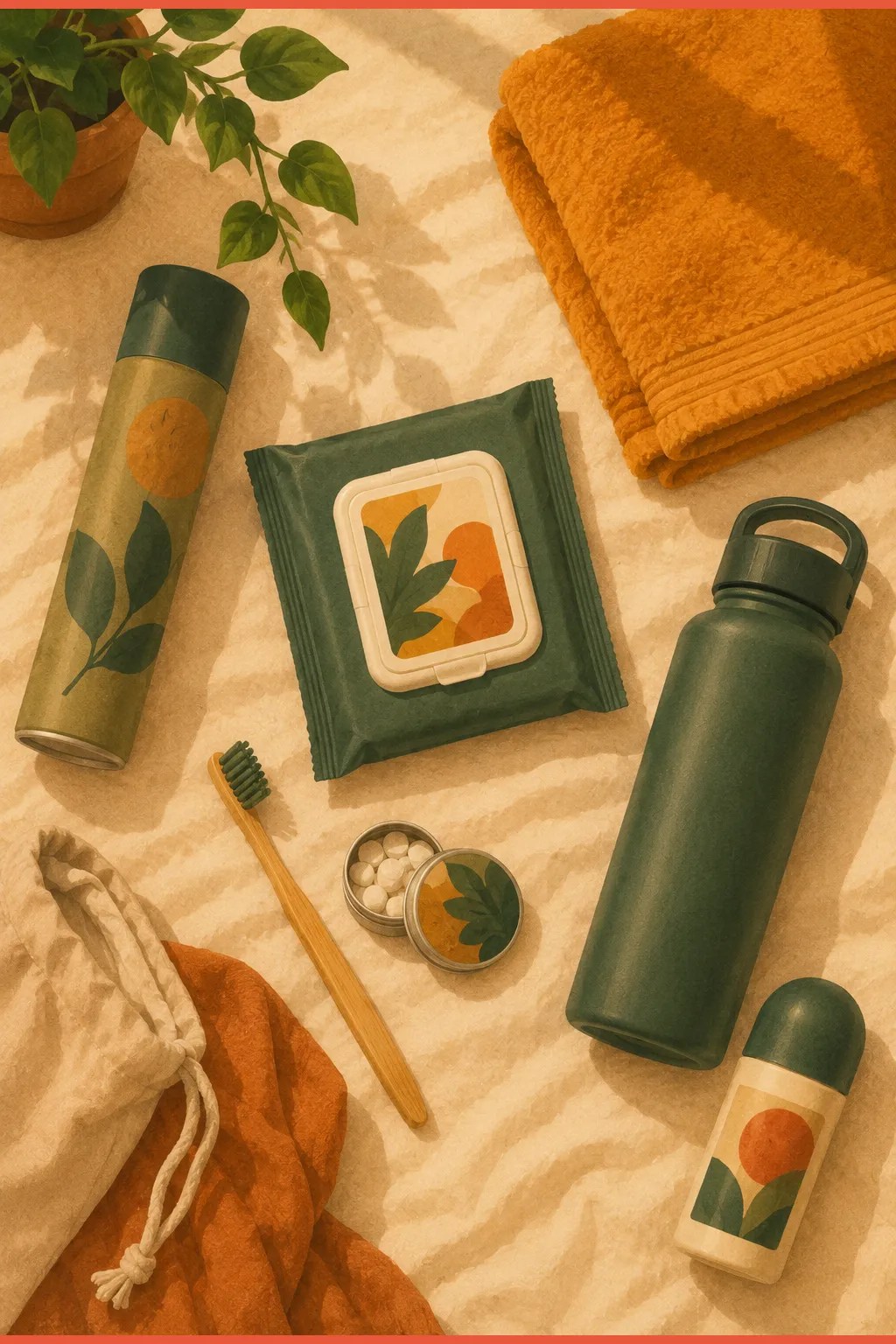 Overhead view of a gentle lowered-bar ADHD self-care kit — dry shampoo, wipes, a soft towel, toothbrush, and water