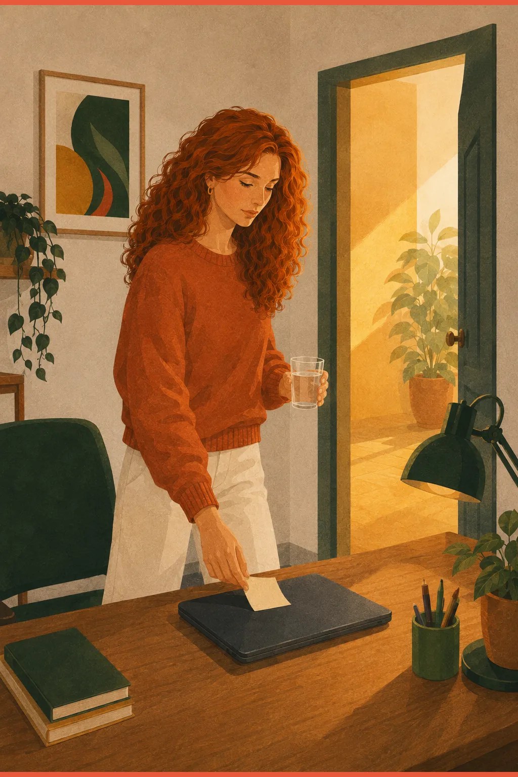 Woman performing a transition ritual — standing, water in hand, leaving a landing note on the laptop — giving the task switch a body