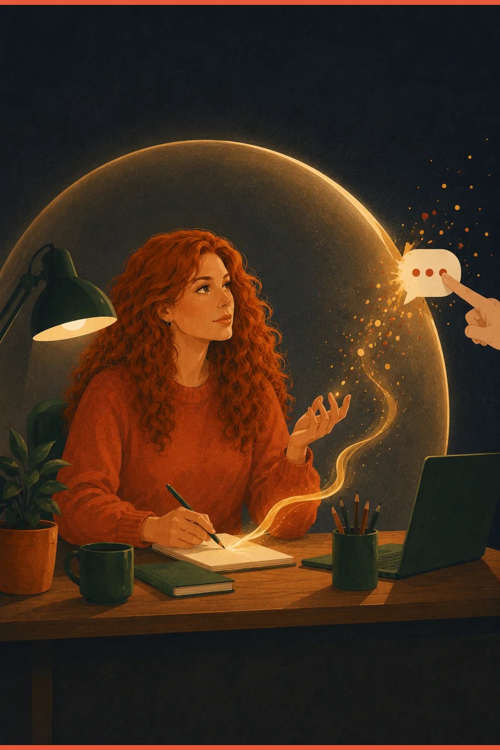 Woman watching her thread of focus scatter into sparks after a small interruption taps her bubble of concentration