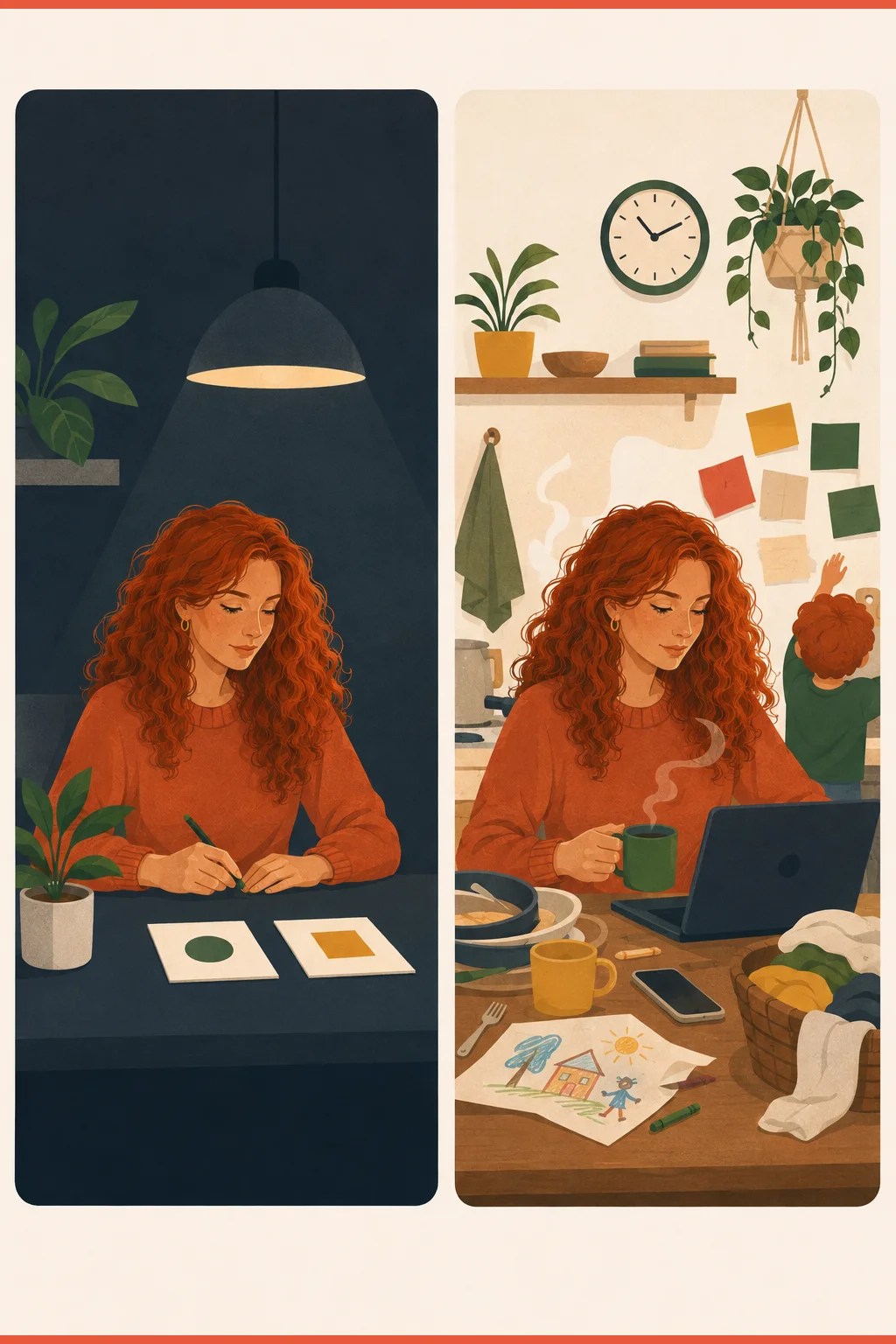 Split image of a clean lab switch task versus a real cluttered kitchen full of demands, why everyday transitions feel harder than lab numbers