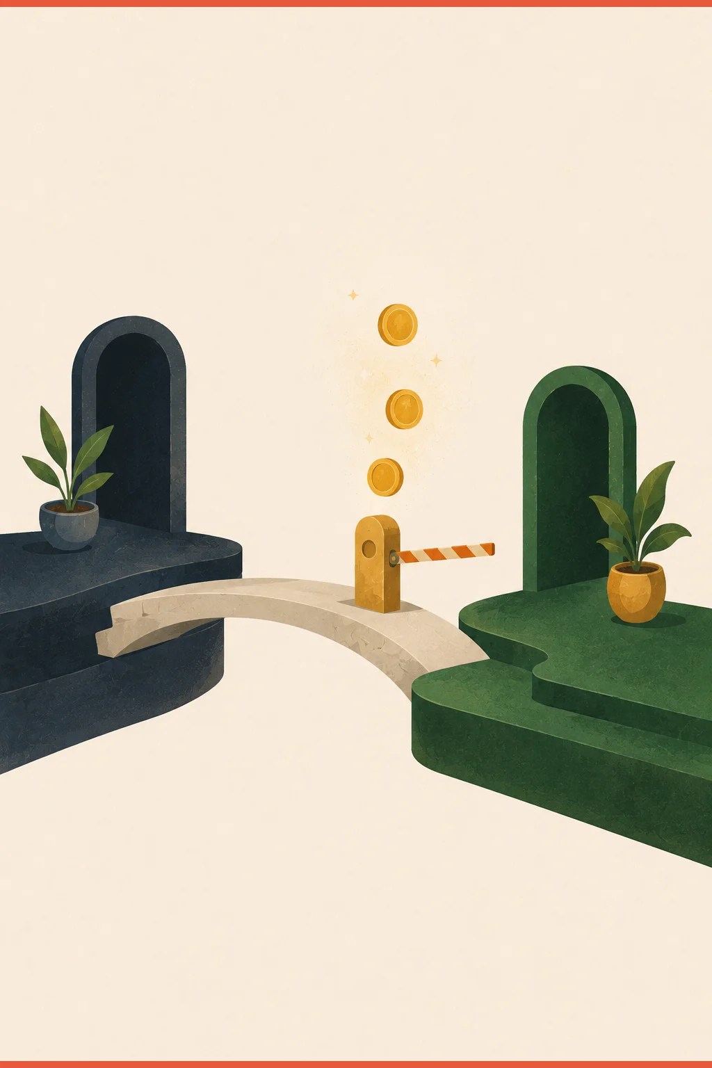 Illustration of the switch cost: a small toll bridge between two platforms, the price every brain pays to change tasks