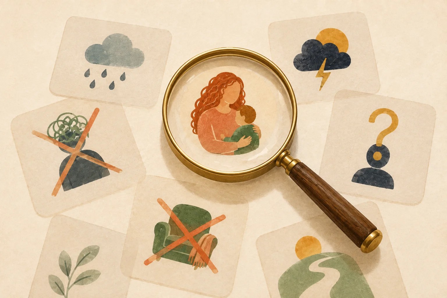 Tiles reading bad mom, lazy and your fault under a magnifying lens with two crossed out, showing what parenting with ADHD doesn't mean.