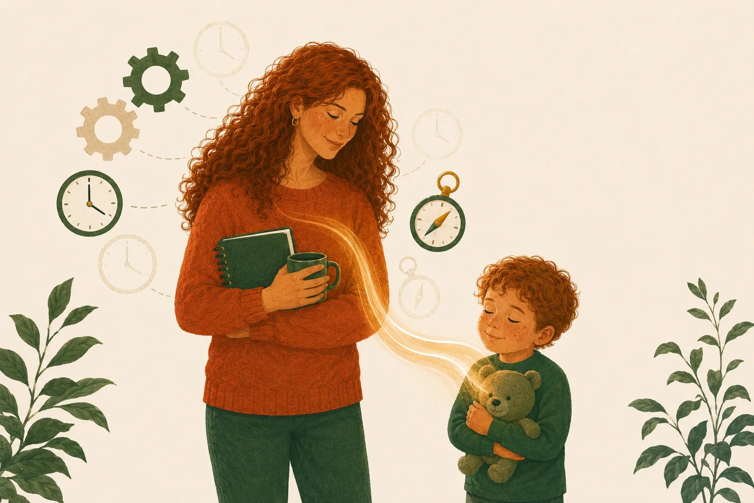 A mother with a ribbon of light flowing to her child and doubled tool shapes around her, showing the double executive load of parenting with ADHD.