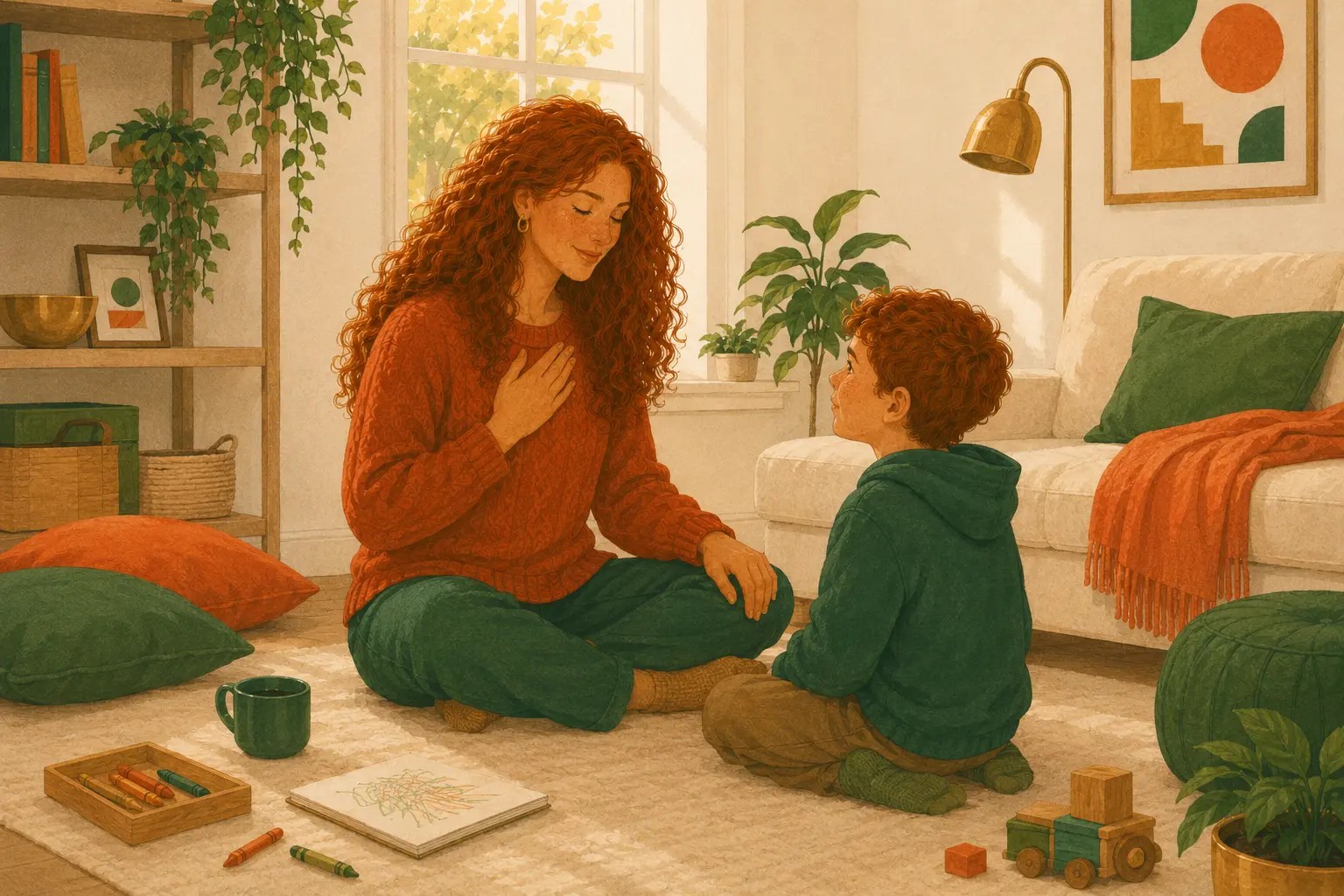 A mother sitting at her child's level with a hand on her chest, taking a breath, showing the guilt and self-repair of parenting with ADHD.