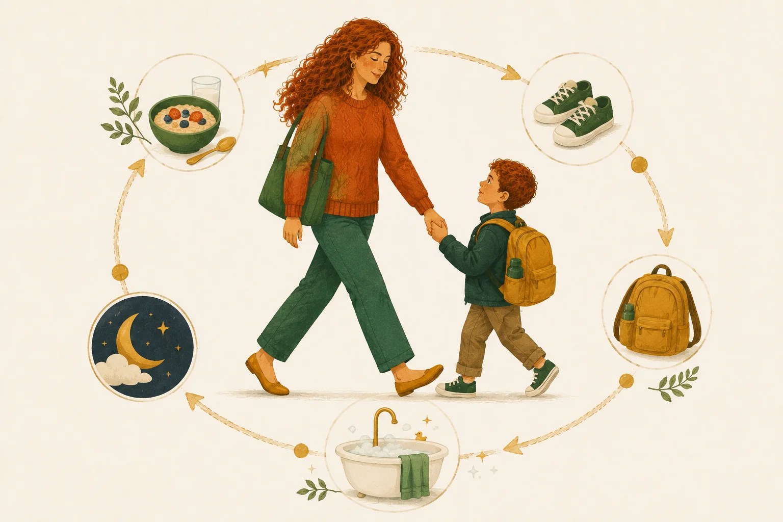 A mother mid-stride on a looping path of breakfast, shoes and bedtime icons, showing why routines are hard when parenting with ADHD.