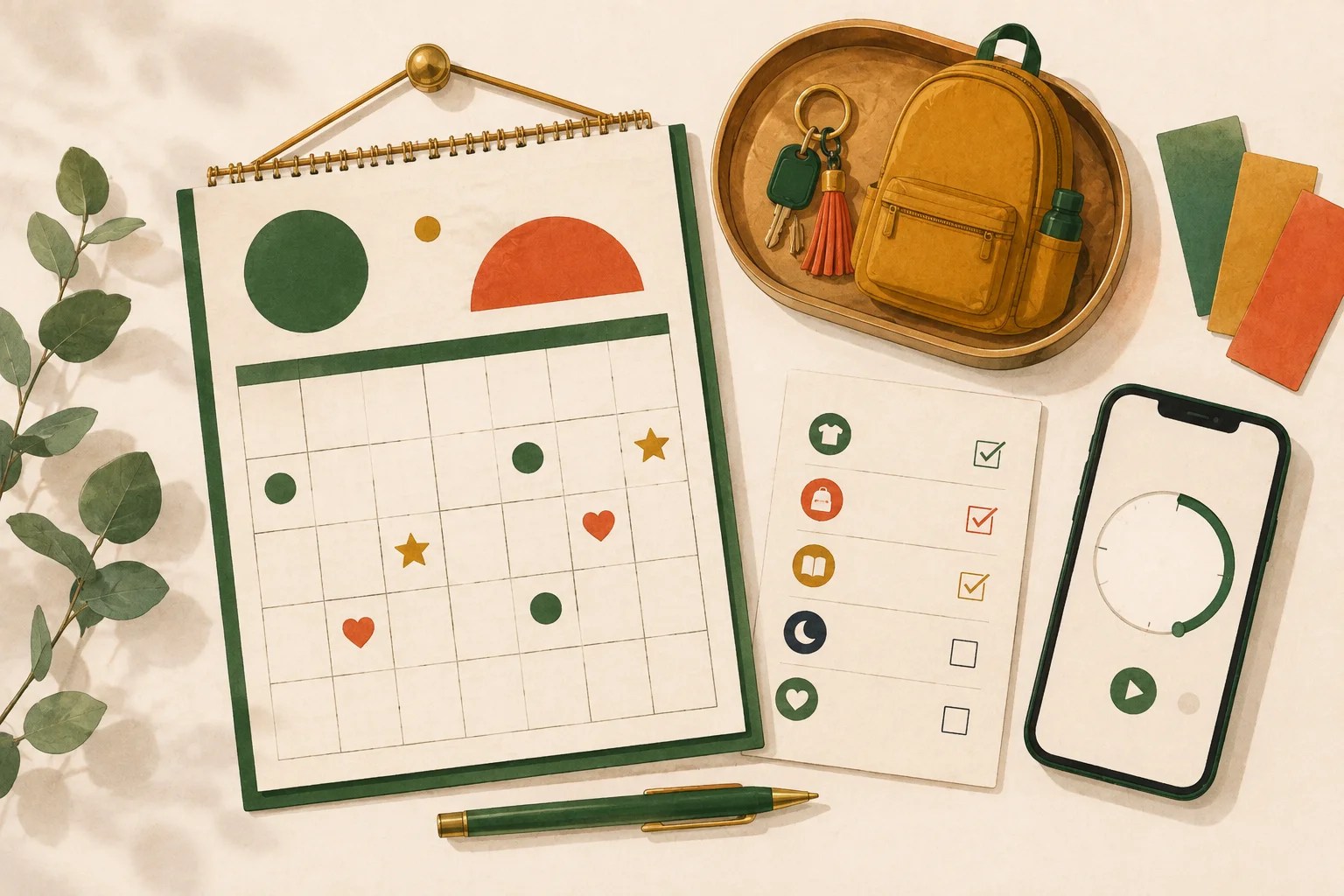 An overhead flat-lay of a family calendar, checklist, launch-pad tray and phone timer, showing external systems that help parenting with ADHD.