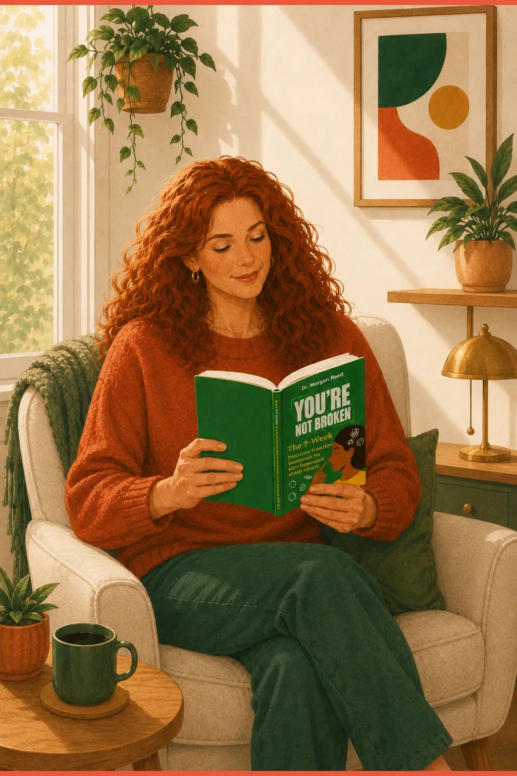 A woman in a sunlit reading nook with a cleared surface holding You're Not Broken by Dr. Morgan Reed, calm and at ease in her space.