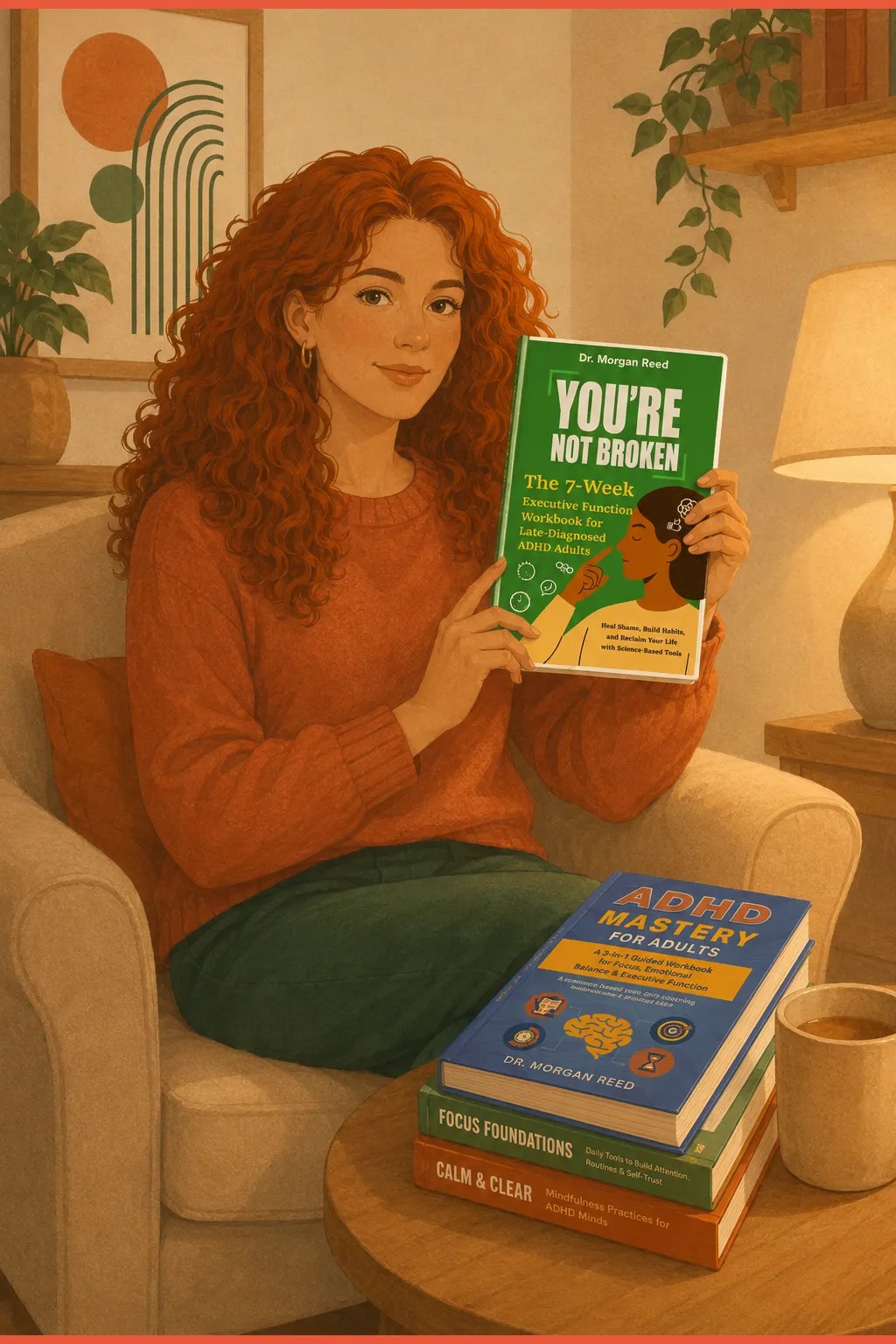 Woman holding the green You're Not Broken workbook in a calm reading nook after the impulse has settled