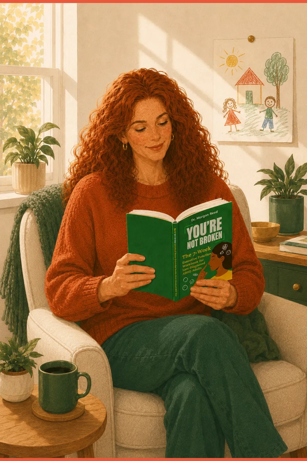 A mother in a sunlit reading nook holding You're Not Broken by Dr. Morgan Reed, calm and at ease while parenting with ADHD.