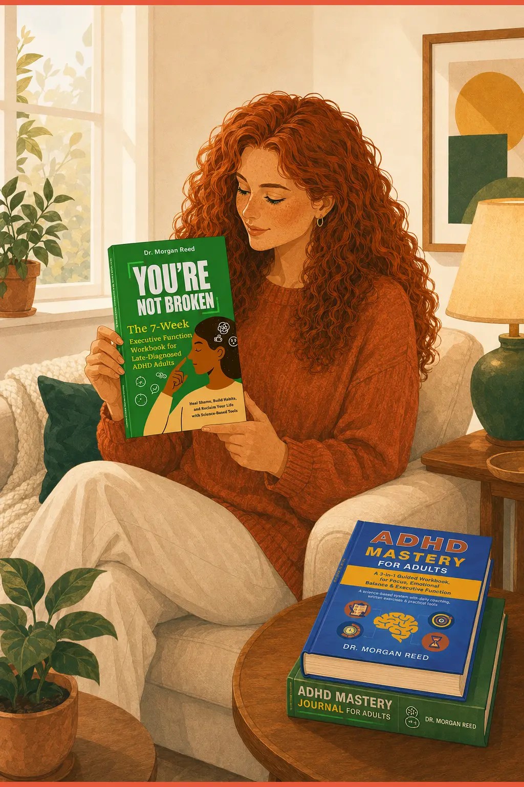 Woman holding the green You're Not Broken executive function workbook beside two companion ADHD books