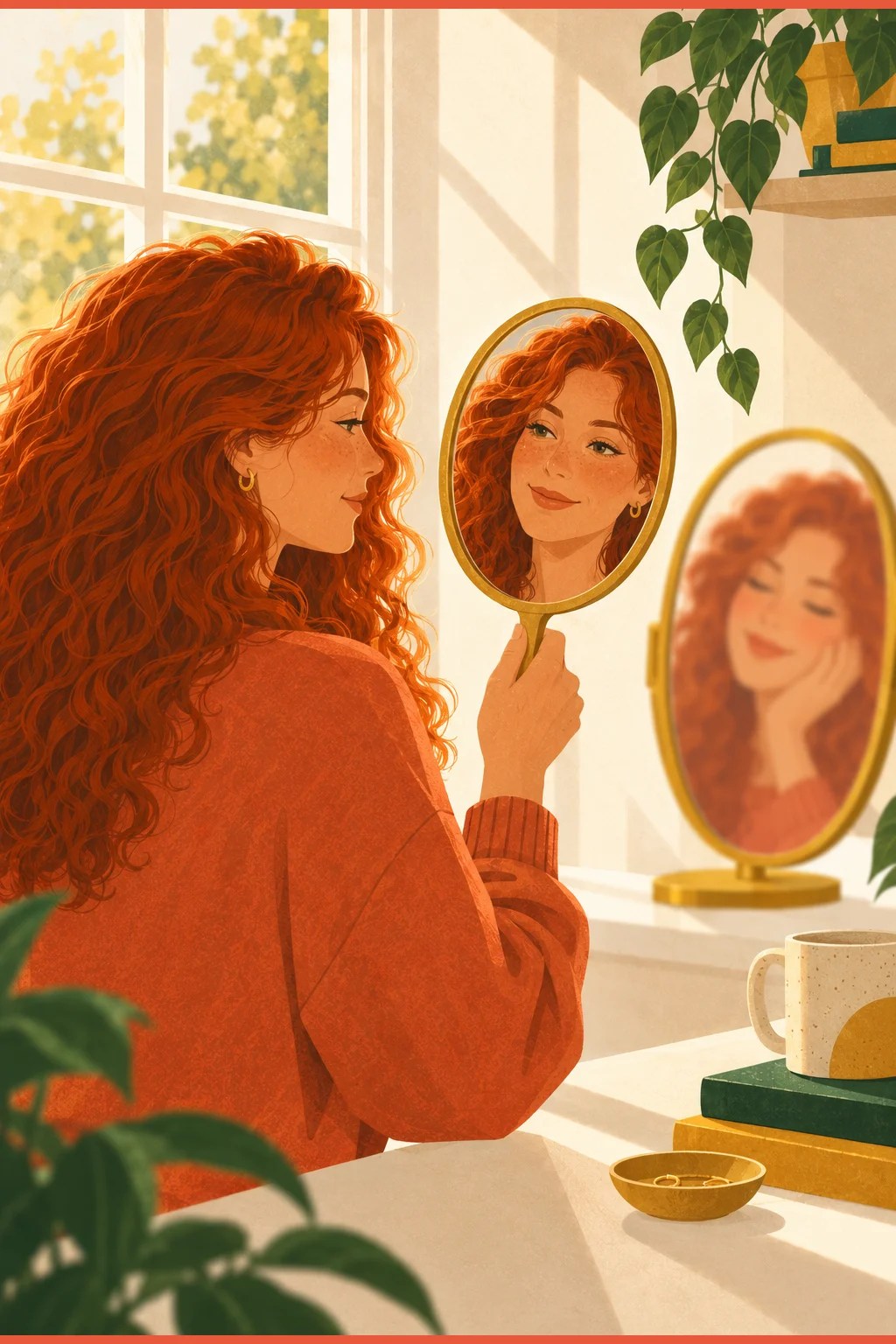 Woman at a window holding a mirror with an accurate reflection beside a softly rosier one, accuracy versus comfortable distortion