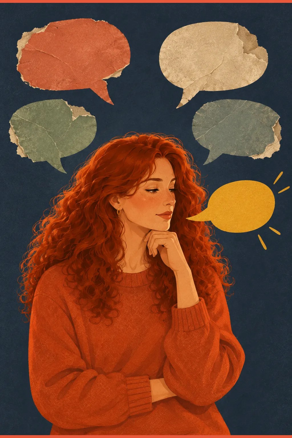 Illustration of the Borrowed Voice: aged speech bubbles floating around a woman while a new bright one forms at her mouth