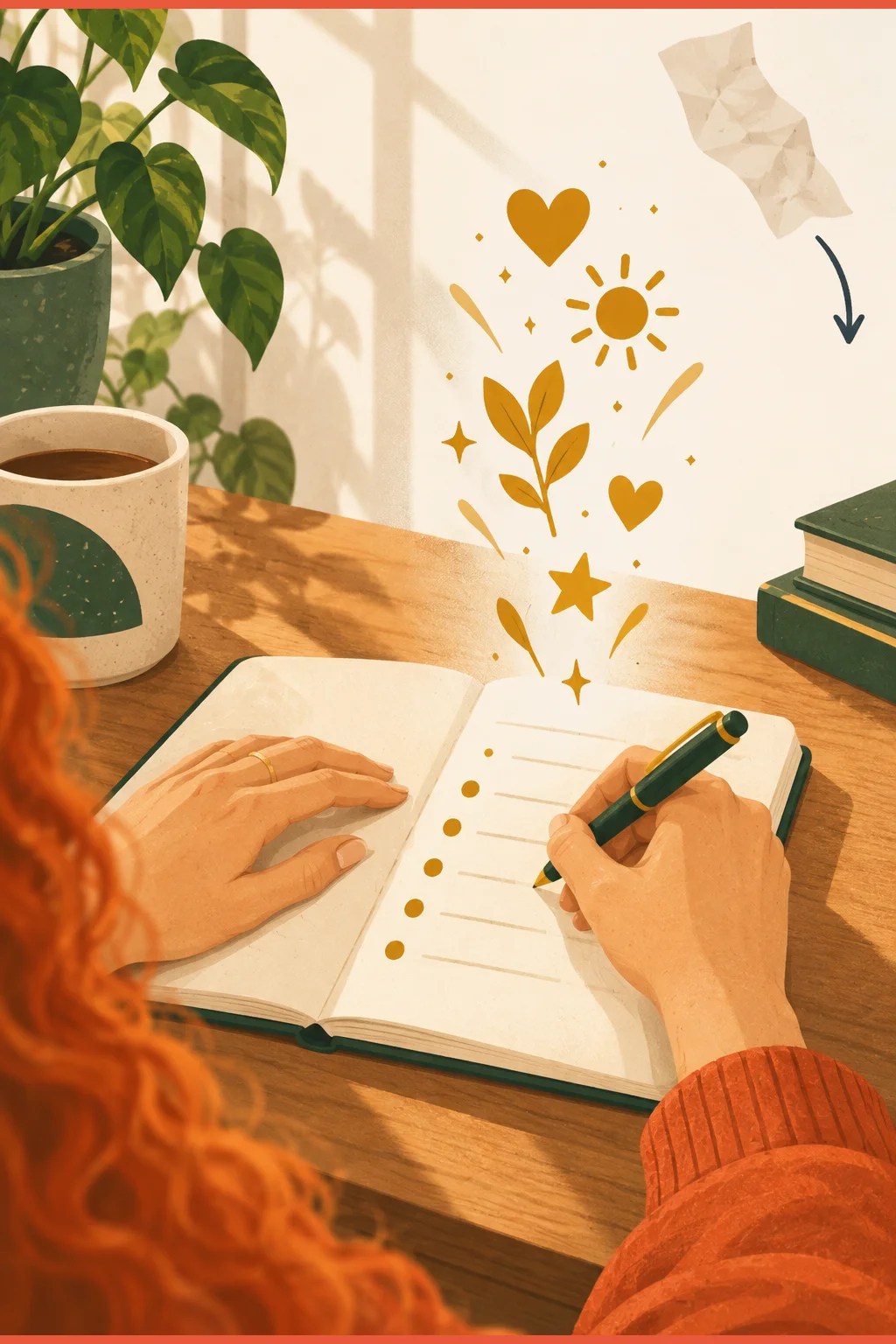 Close-up of hands writing counter-evidence in a notebook as gold shapes gather above the page