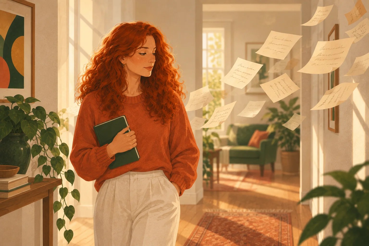 Woman standing calmly in a hallway as old paper notes drift past her, the inherited voice of ADHD self-criticism