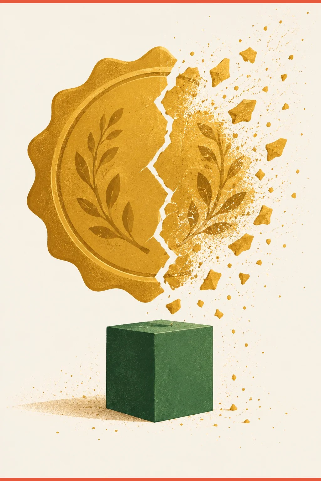 A gold seal cracking and dissolving above a small solid block, the 20,000 negative messages myth breaking while real evidence stays