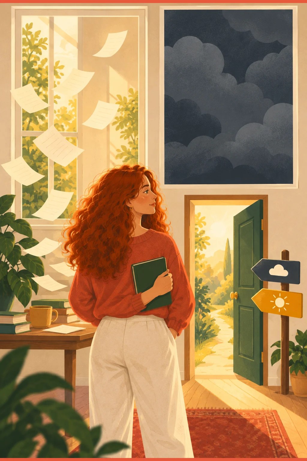 Split window showing drifting notes beside a flat grey sky, with a warmly lit door below — when self-criticism may be depression