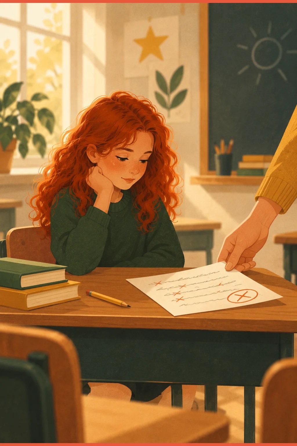 A soft classroom memory of a girl with ADHD receiving a marked paper, the feedback years that built the inner critic