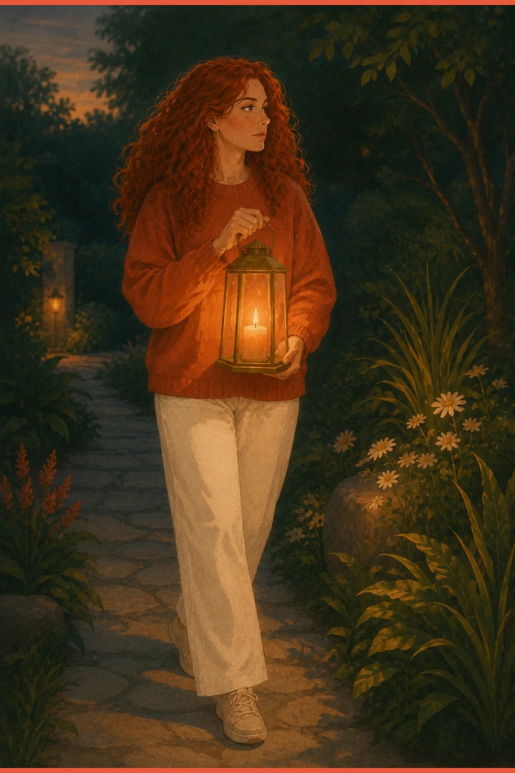 Woman carrying a bright contained flame in a glass lantern along a dusk path, the legitimate anger of a late ADHD diagnosis
