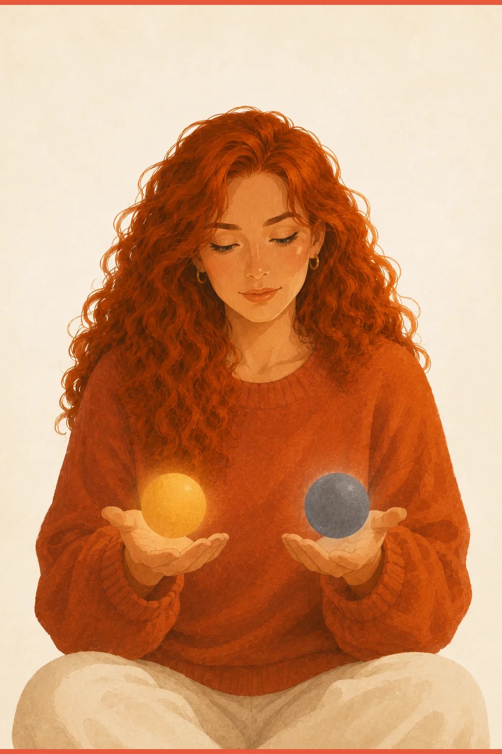 Woman holding two glowing orbs, gold for relief and blue for grief, both level in her open palms after an ADHD diagnosis