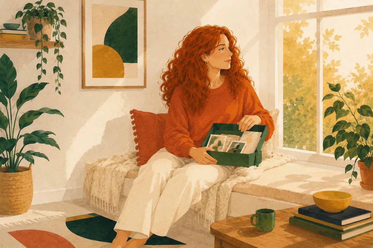 Woman with ADHD sitting in golden window light with an open keepsake box, meeting the grief of a late diagnosis with tenderness