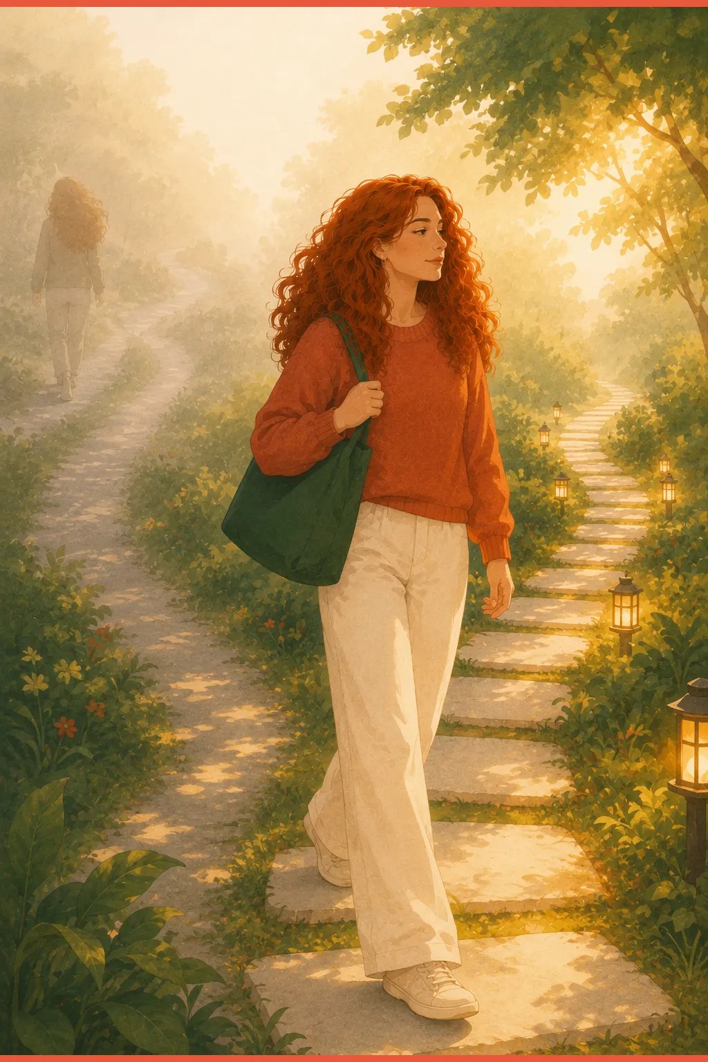 Woman walking a brightening path forward while the unlived timeline fades gently behind her, the years that start now