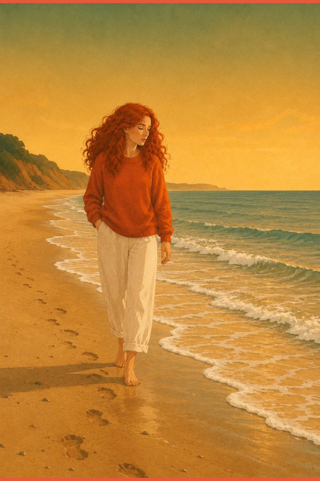 Gentle waves arriving and receding on a warm shoreline as a woman walks the waterline, grief moving in waves rather than stages