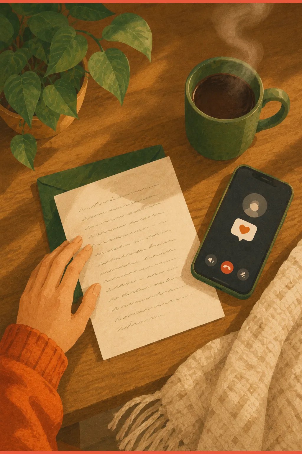 Overhead view of a warm table with tea, a supportive phone call, and a handwritten letter — gentle helps for late diagnosis grief