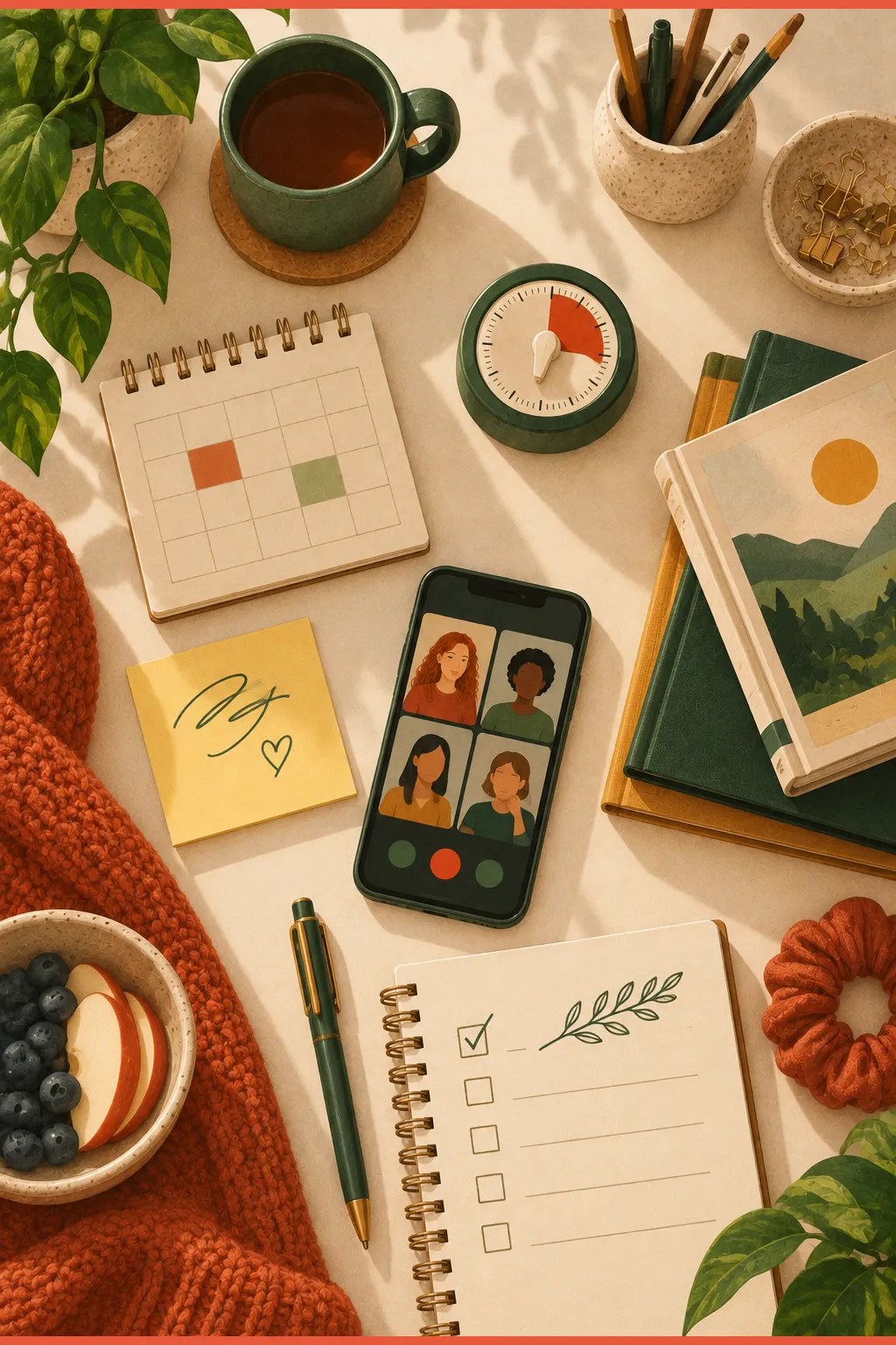 Overhead flat-lay of a keep-going kit — calendar, timer, borrowed book, video call, next step written out