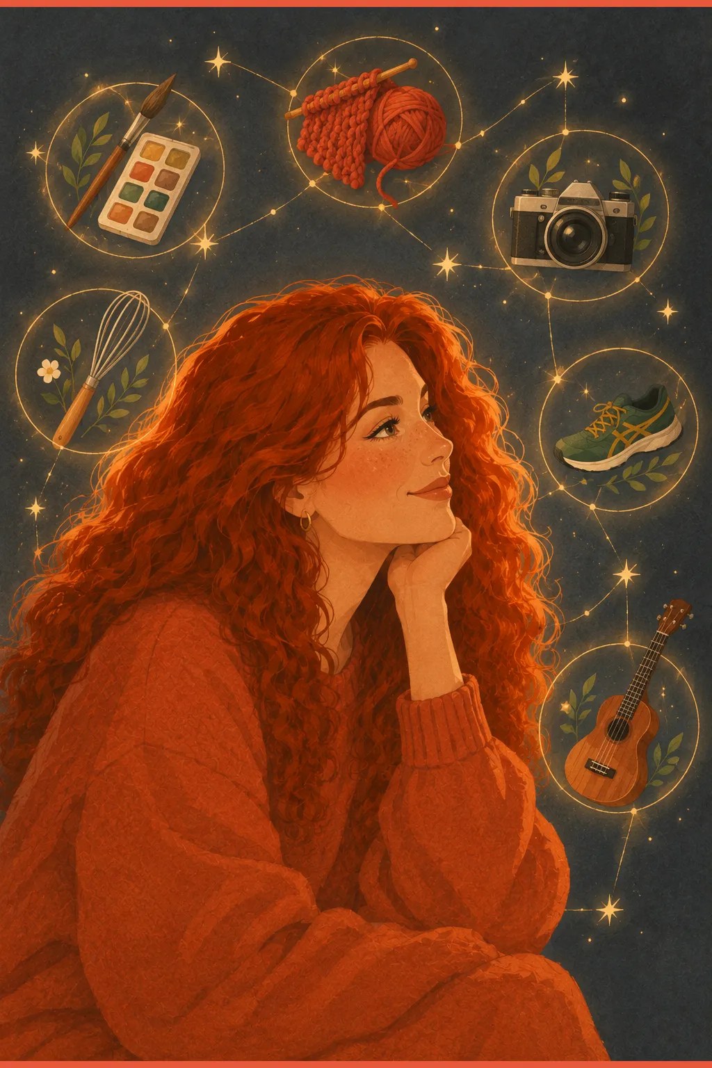 Woman in profile surrounded by glowing icons of every hobby she tried, connected like constellations