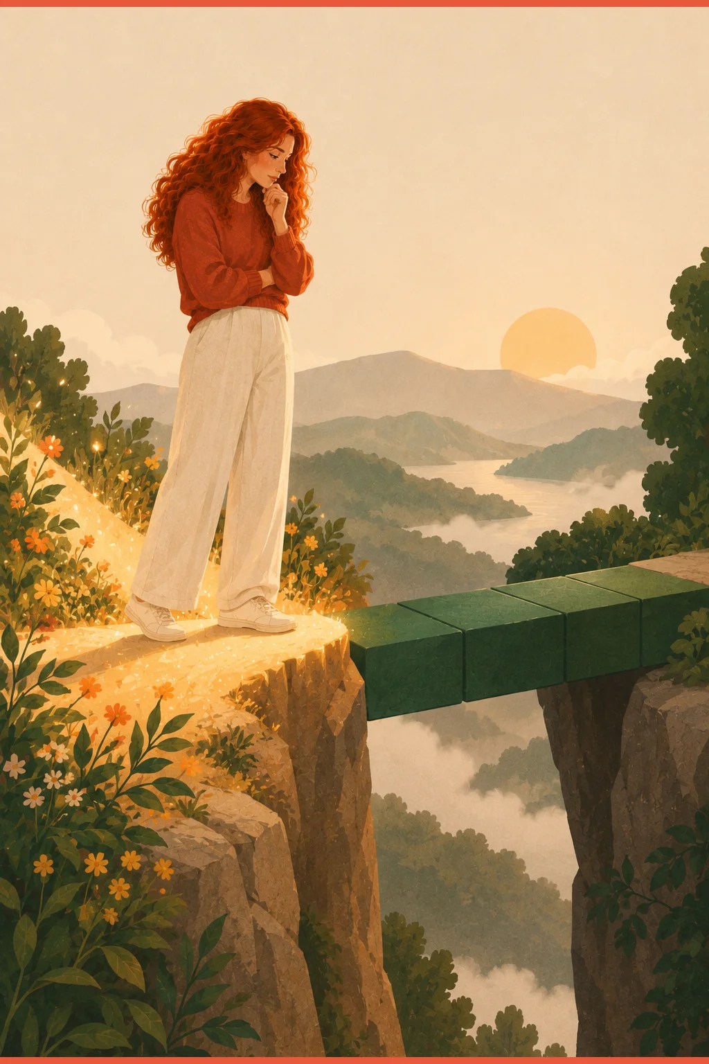 Illustration of the Novelty Cliff: a bright path of sparks ending at an edge, with a sturdy bridge waiting on the far side