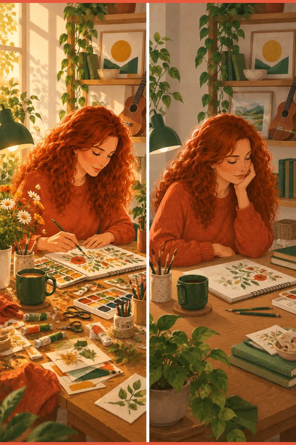 Split panel of the same craft table — blazing with energy on one side, quiet and half-done on the other