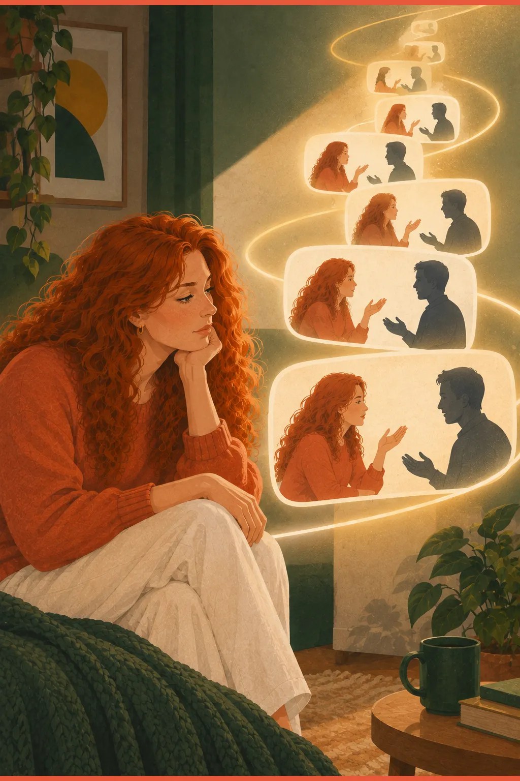 A single conversation repeating as identical film frames spiralling away, the ADHD replay loop
