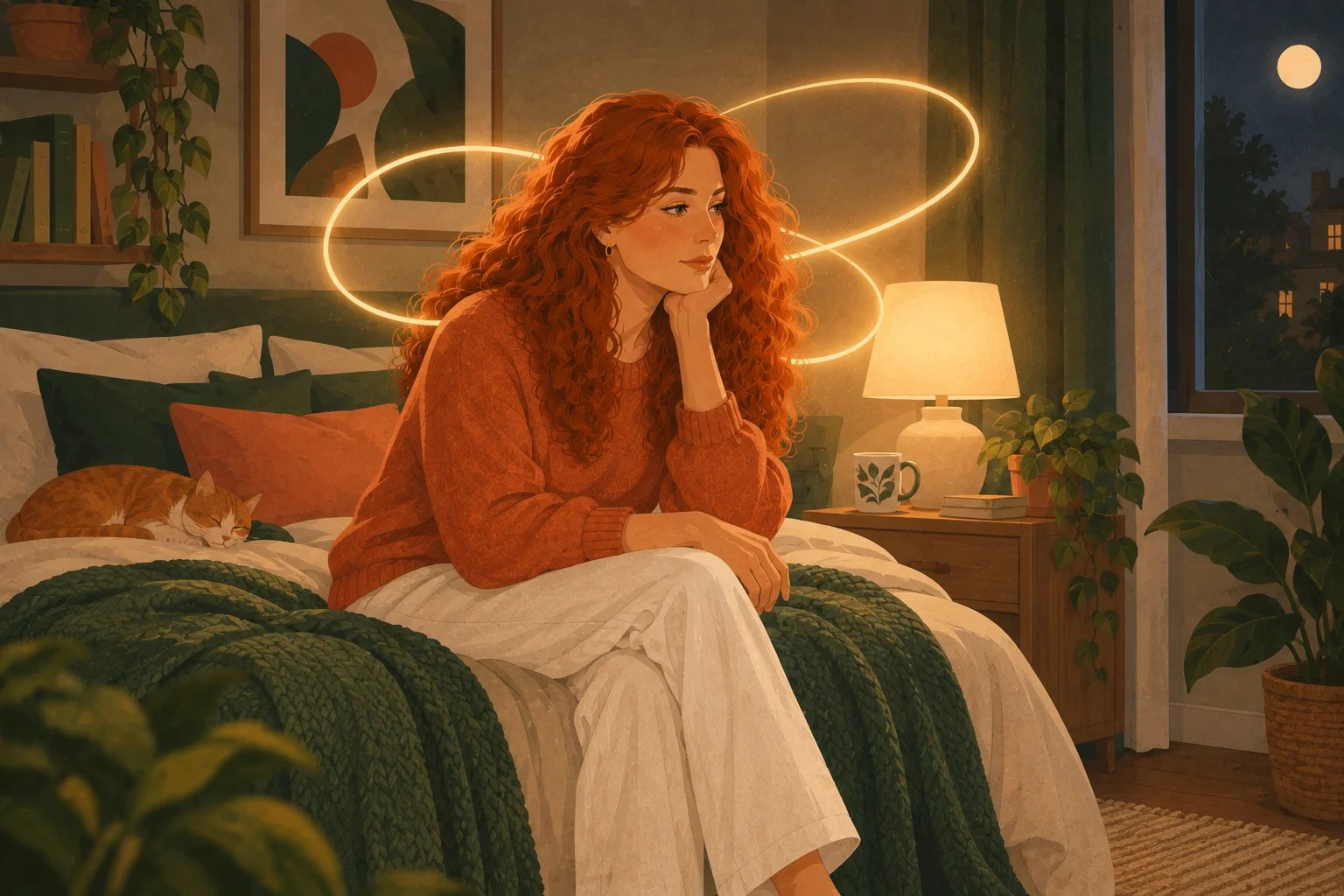 Woman sitting calmly on the edge of her bed at night with a looping ribbon of light around her, ADHD rumination at bedtime