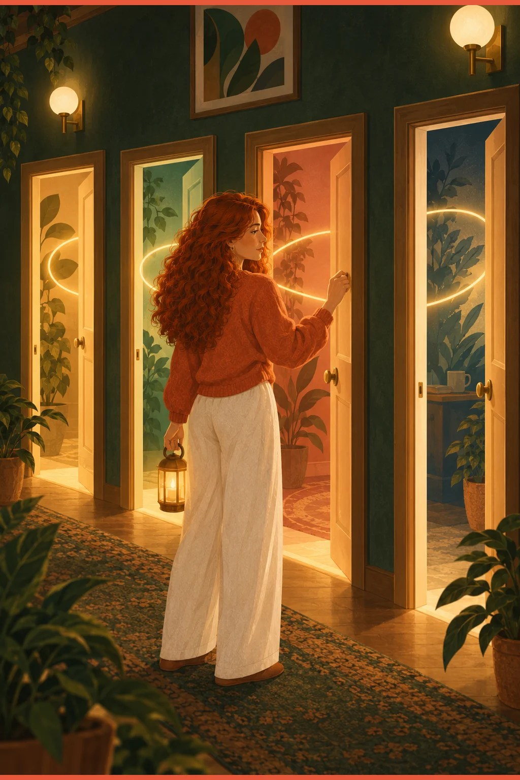 Four warm doorways along a corridor, each opening onto the same looping thought — depression, anxiety, OCD and trauma look alike from outside