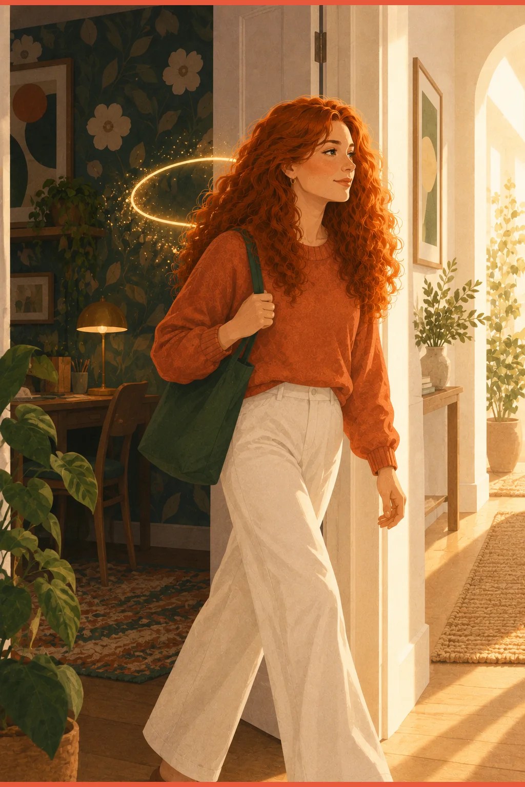 Woman walking out of a patterned room into a bright hallway as the looping ribbon dissolves behind her