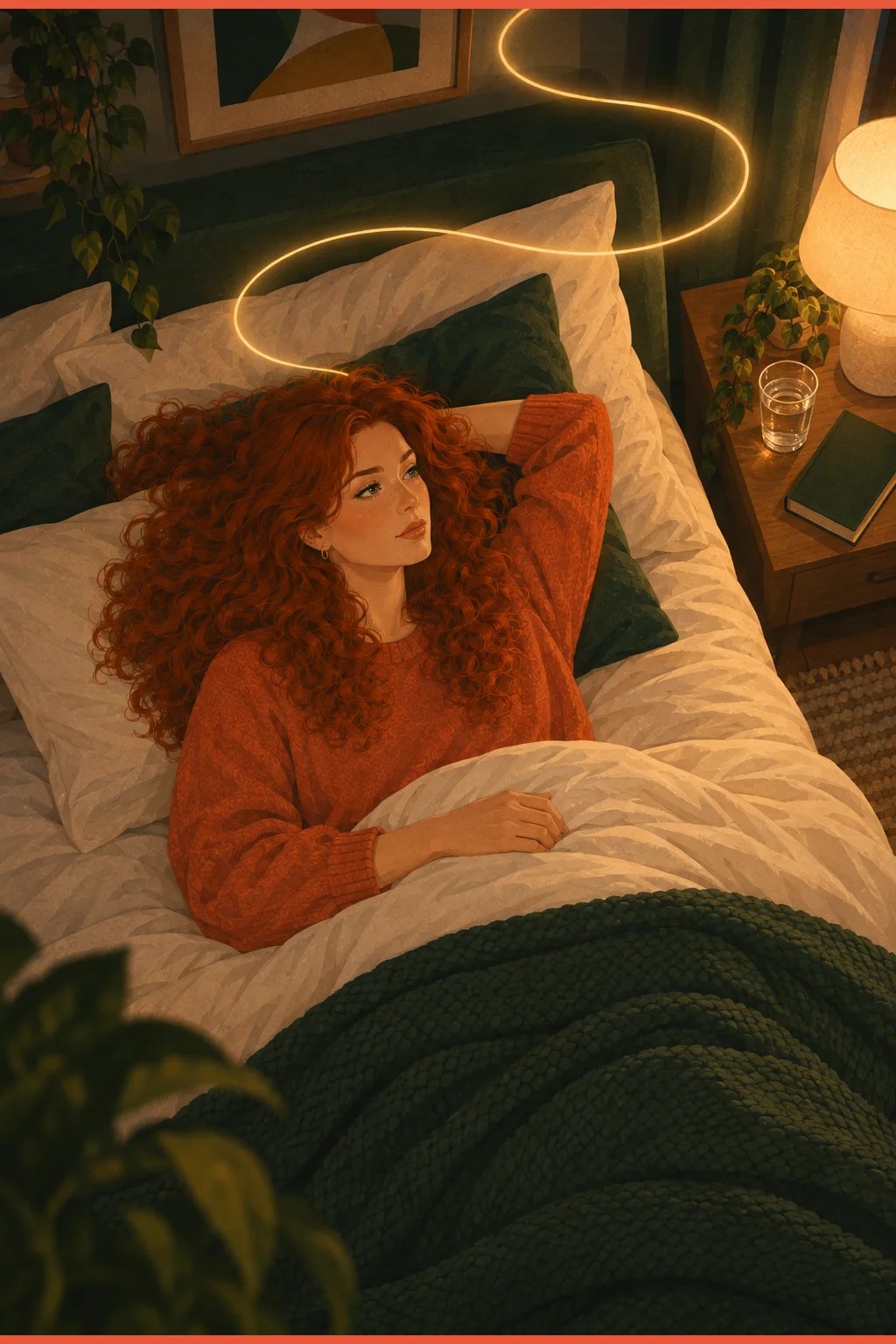 Overhead view of a woman lying awake in warm lamplight with a slow ribbon of thought looping above her