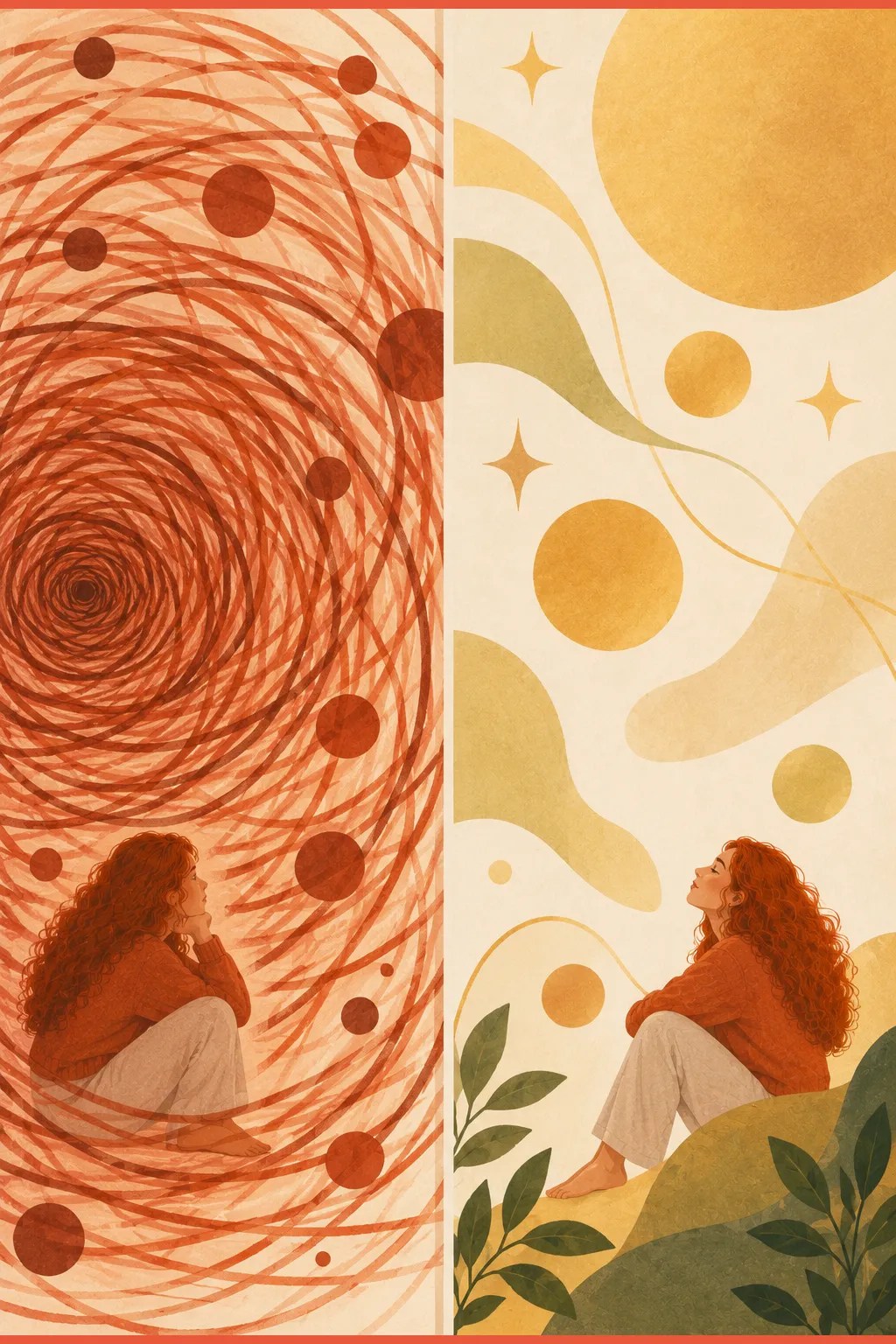 Split panel of tight pressured rings beside loose drifting shapes, racing thoughts versus ordinary mind wandering