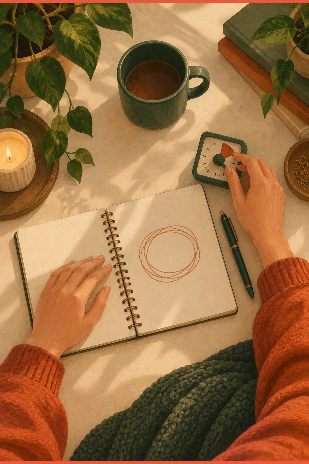 Overhead flat-lay of a notebook with a circled line, a short timer, pen and mug — giving rumination a container