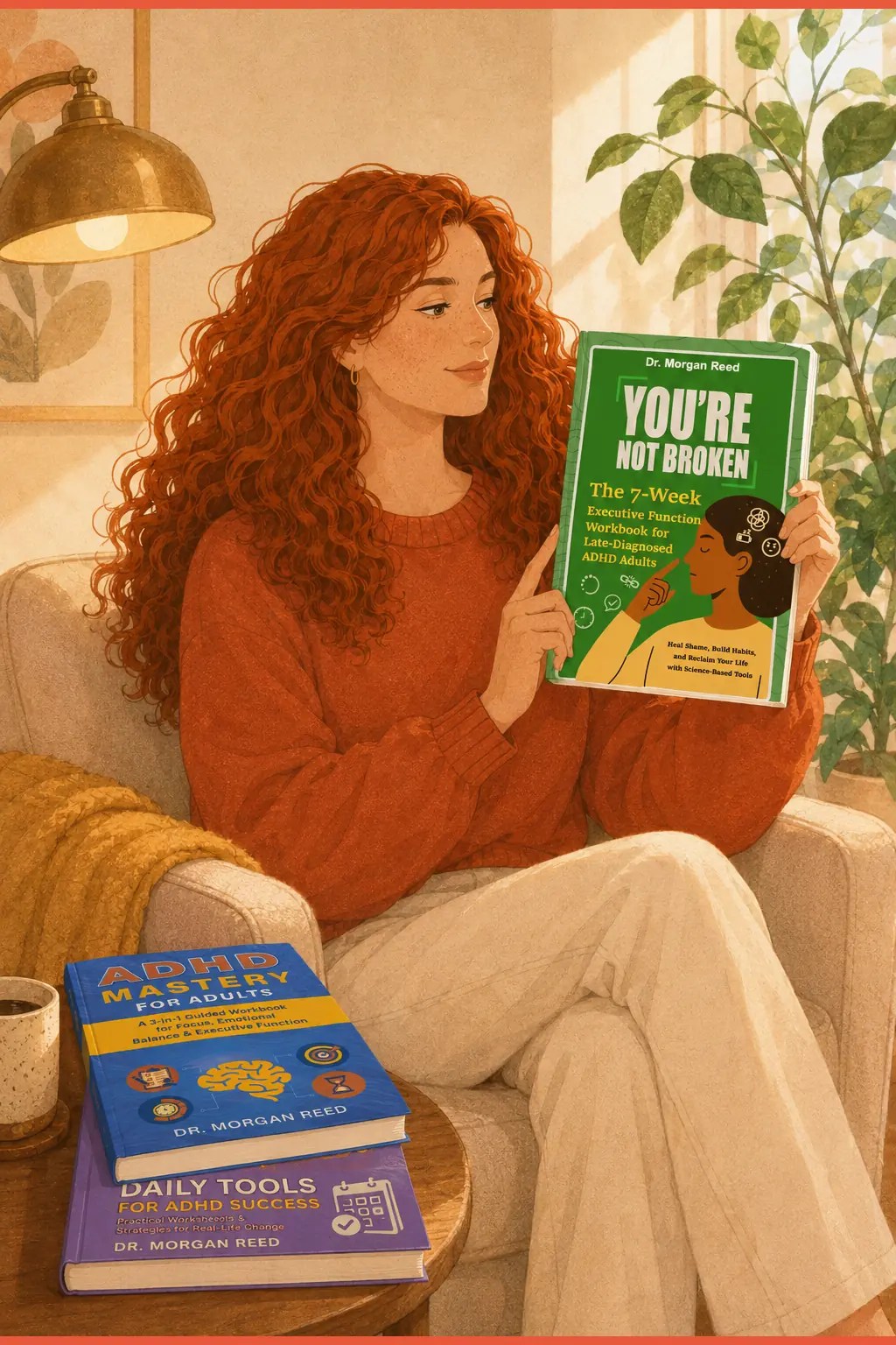 Woman holding the green You're Not Broken executive function workbook beside two companion ADHD books