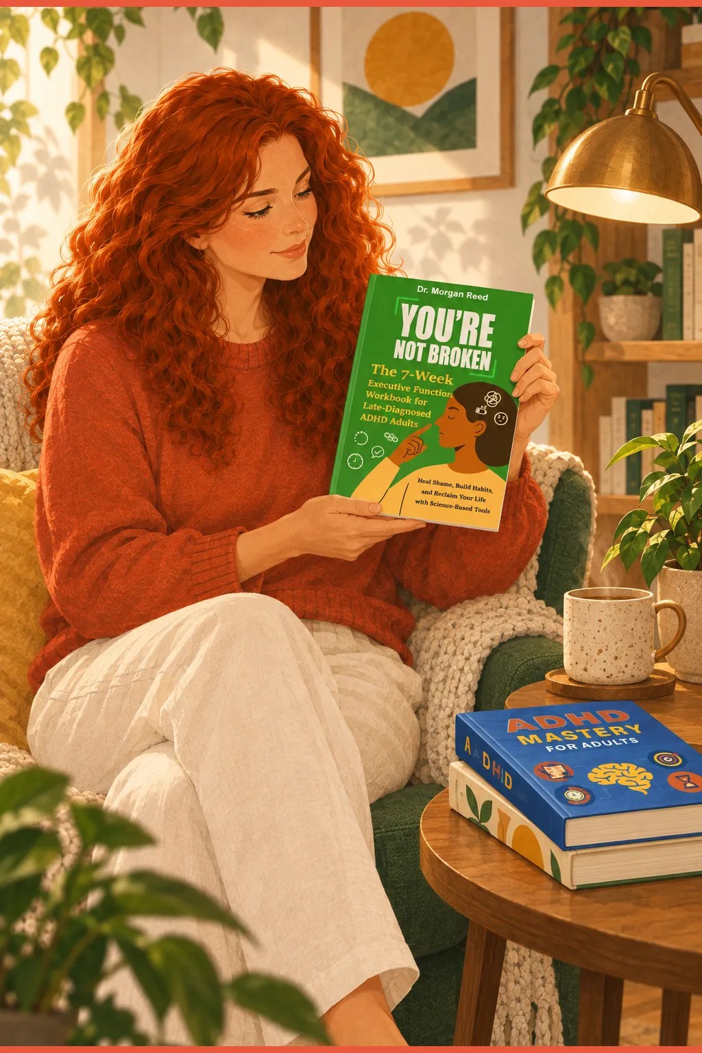 Woman holding the green You're Not Broken executive function workbook beside two companion ADHD books
