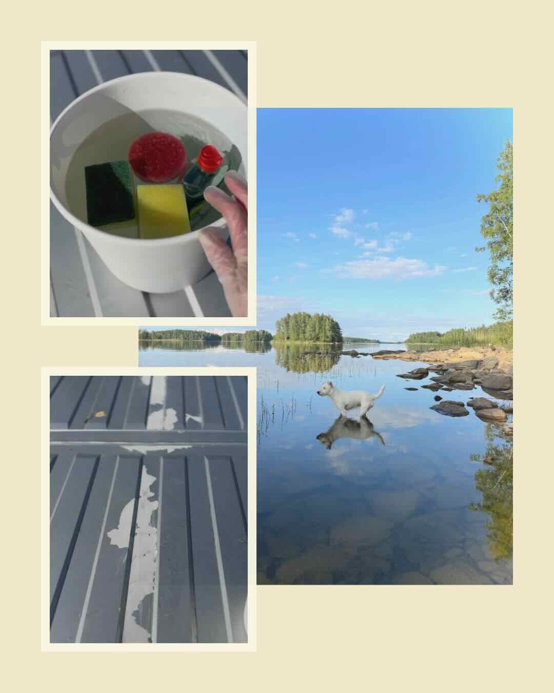 kollaasi, saimaa järvimaisema, ämpäri pesutarvikkeilla, retkipakun katto josta maalit on ironnut