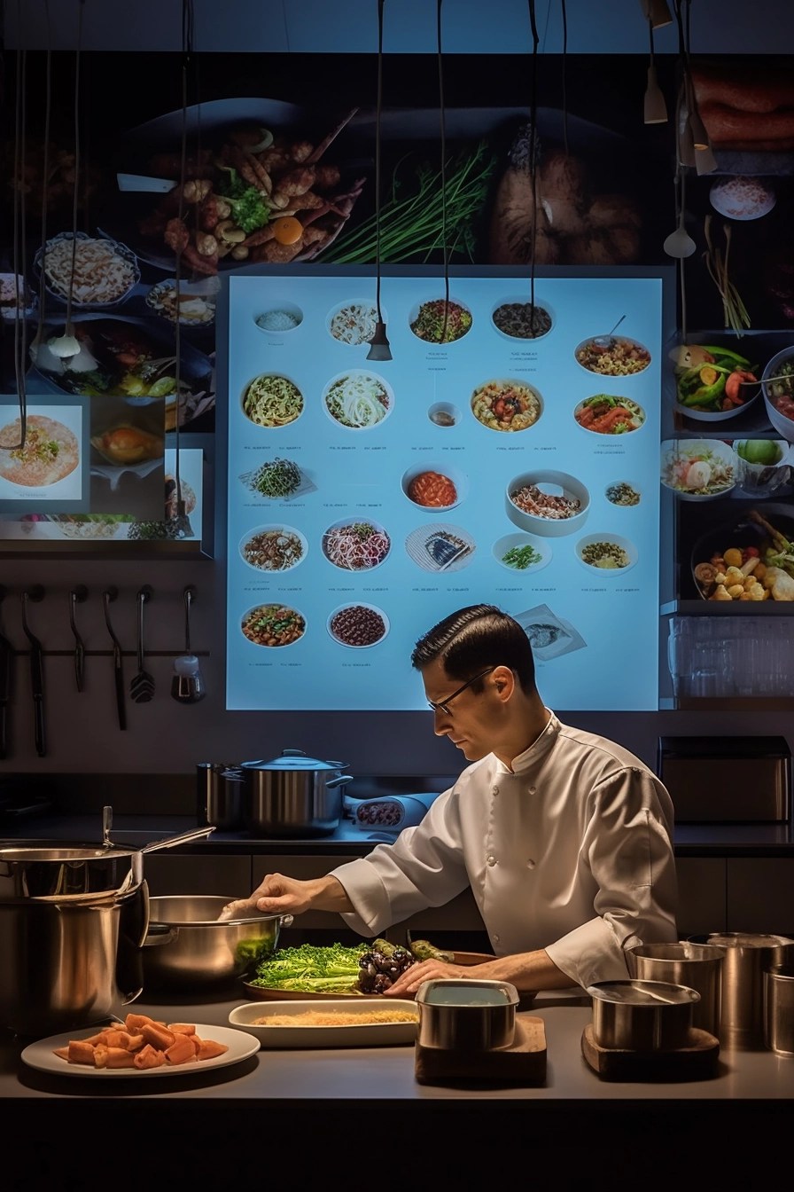 A chef in a kitchen surrounded by various ingredients and kitchen utensils with a computer screen displaying data analysis and flavor combinations