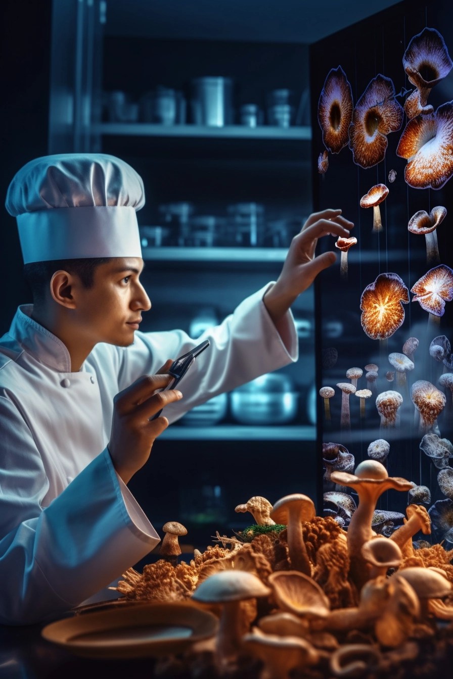 A chef using AI Technology to analyze mushrooms