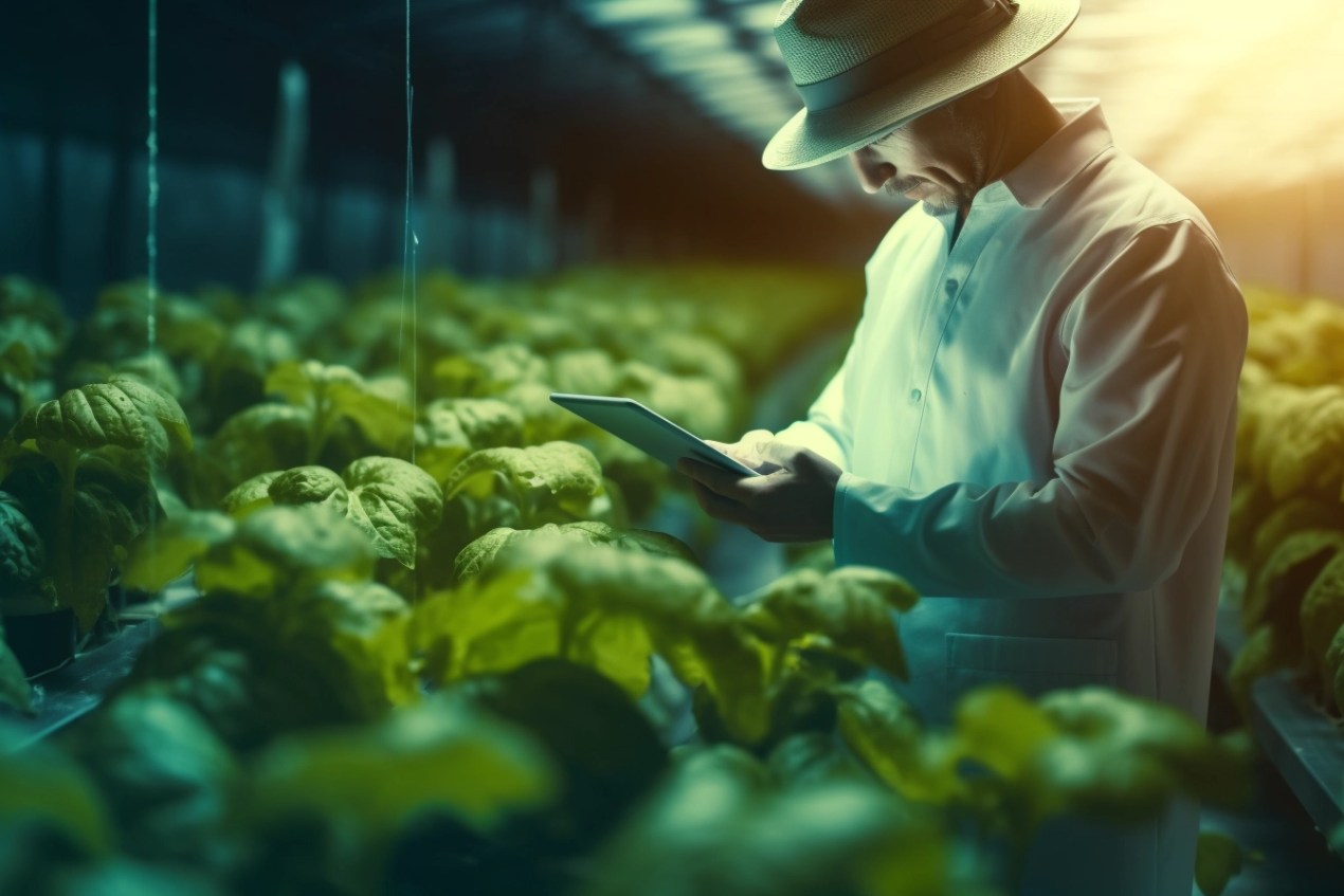 a farmer using a tablet to access AI driven insights for optimizing crop growth and reducing chemical usage.1