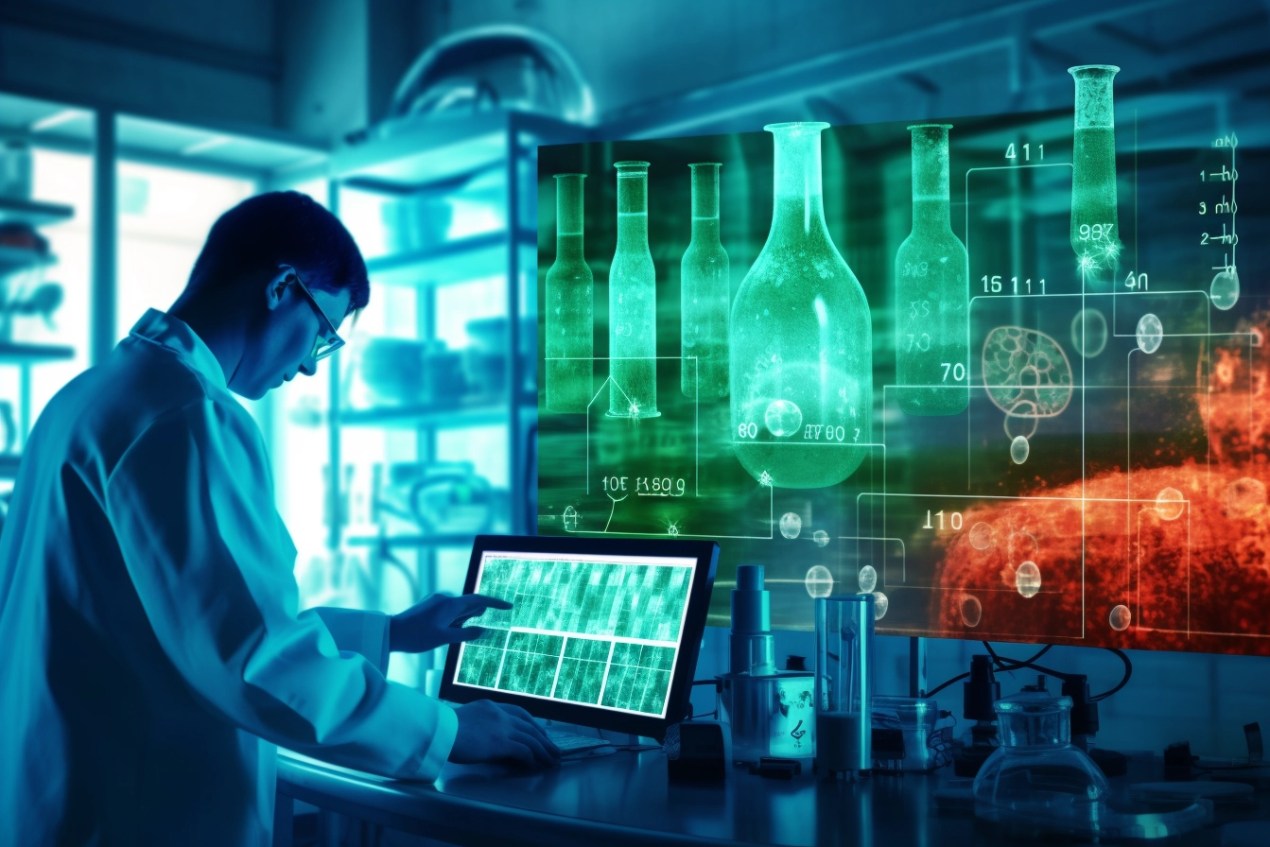 A computer screen displaying AI algorithms and data analysis with a background image of a fermentation lab and a scientist examining a sample