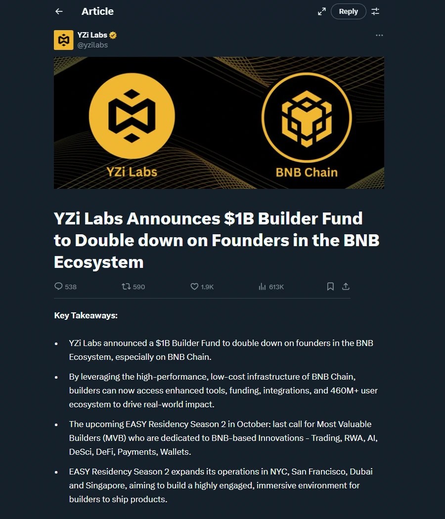 YZi Labs rót 1 tỉ USD cho các nhà phát triển trên BNB Chain