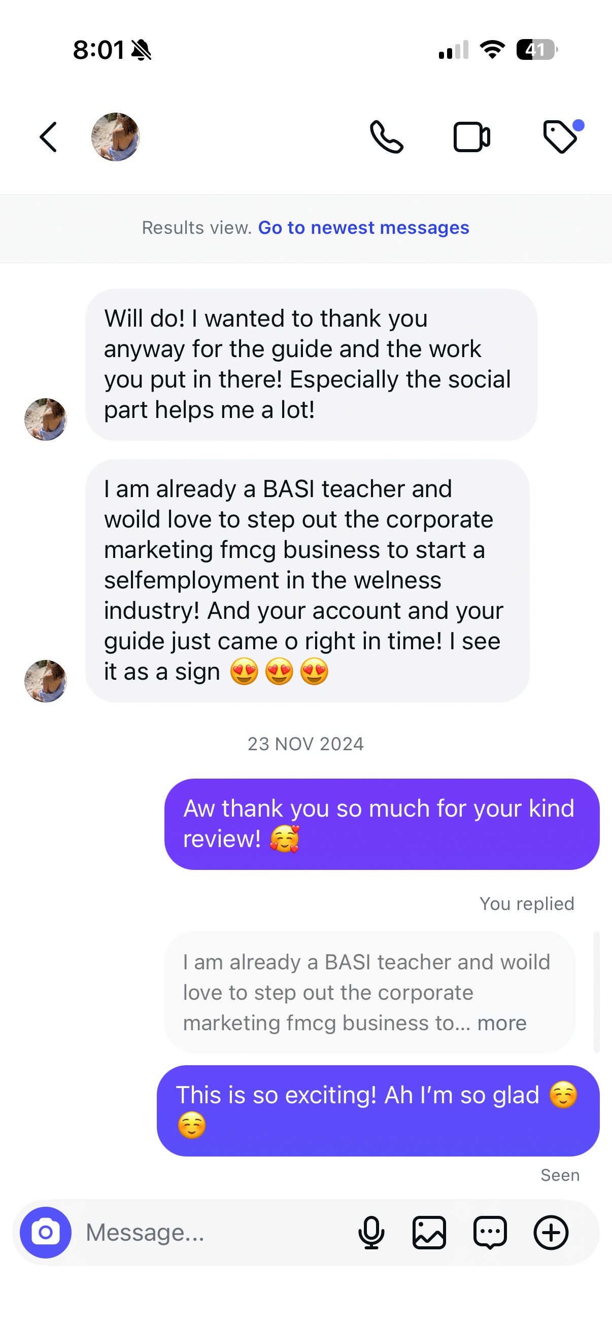 Testimonial photo of a customer saying how the ultimate pilates instructor guide product from The Aligned Studio were so helpful for their pilates career. They highlight how the social media aspect is really helping them